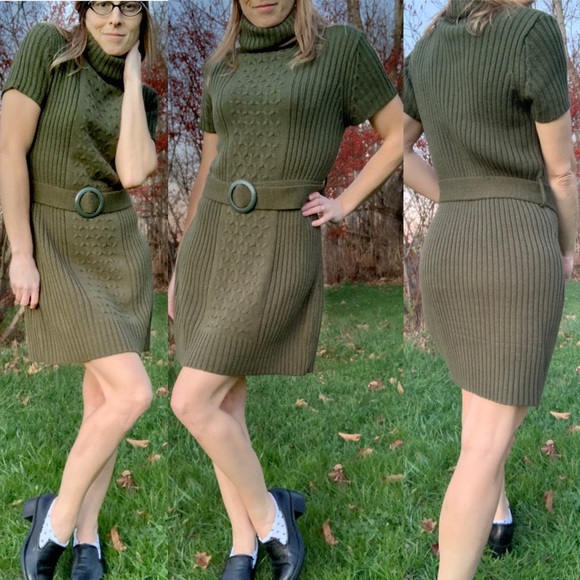 Cotton Candy Cable Knit Belted Green Turtleneck Sweater Dress size XL - Picture 1 of 8